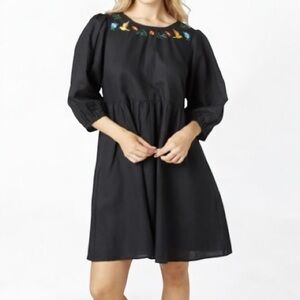 Princess Highway Black Smock Dress US 14/AU 18 Embroidered Florals Hummingbirds